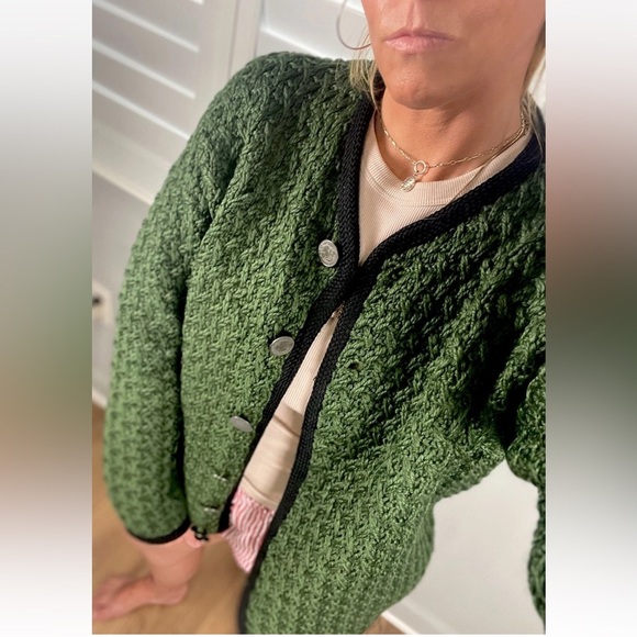 Green Garden Party Heavy Knit Sweater Button Down Over Coat Blazer Jacket Woman - Picture 2 of 15